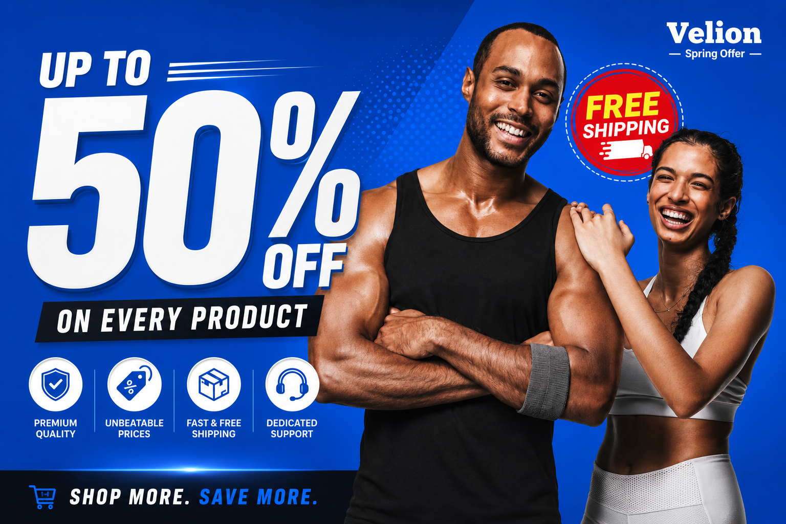 Promotional advertisement for Velion with a man and woman in athletic wear, featuring a 50% off offer on products.